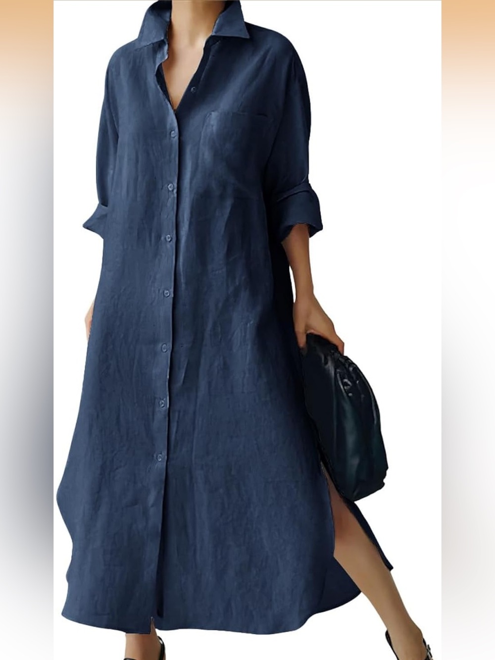 Womenâs Navy Button-Front Shift Dress Side Slits -100% Cotton -NWT - Size L
